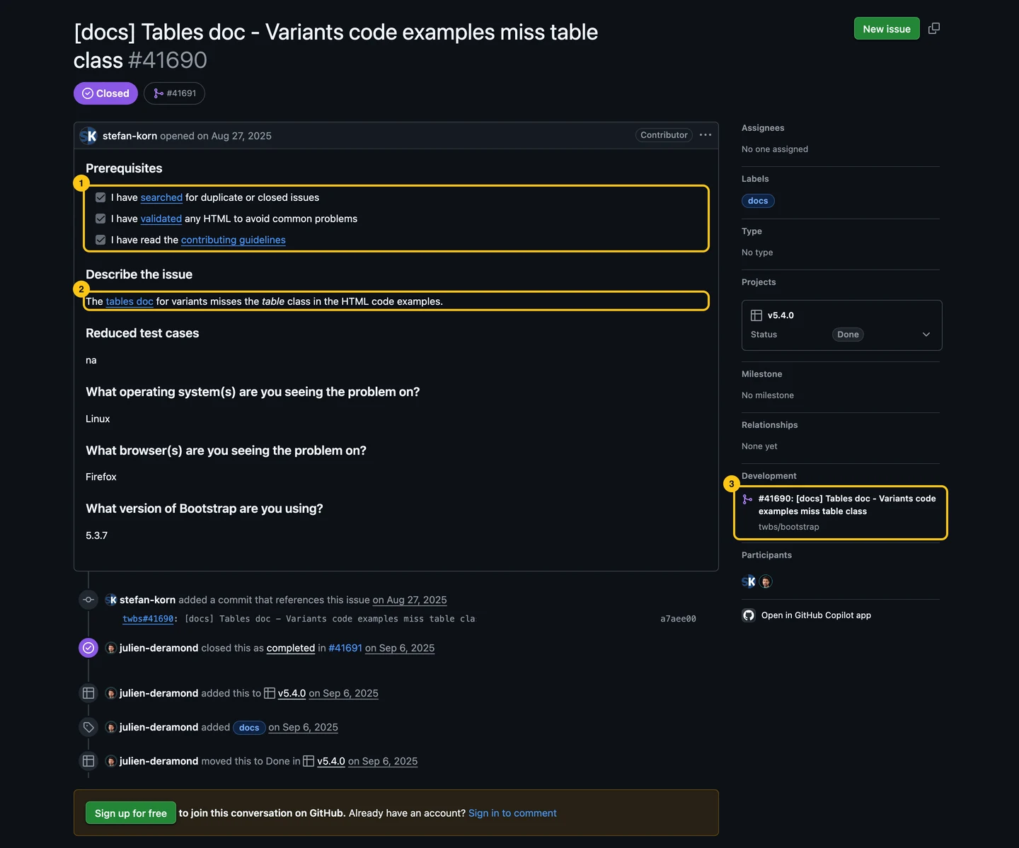 Bootstrap issue 41690: the template's three prerequisites checked, a one-line description, and the linked pull request.