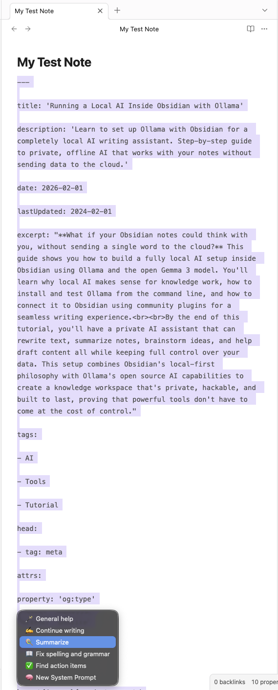 A note with the whole article selected and the Local GPT context menu open on Summarize.