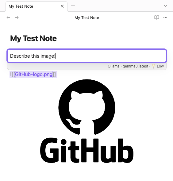 The Local GPT action palette over a GitHub logo in a note, with the prompt “Describe this image!”.